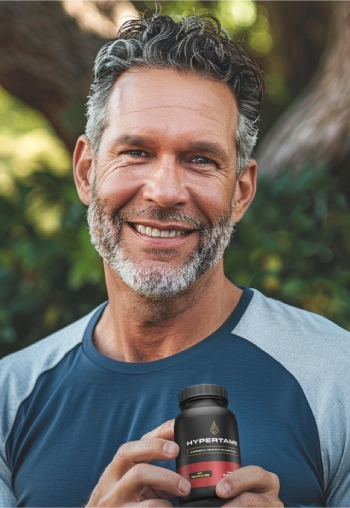 man holding hypertame bottle